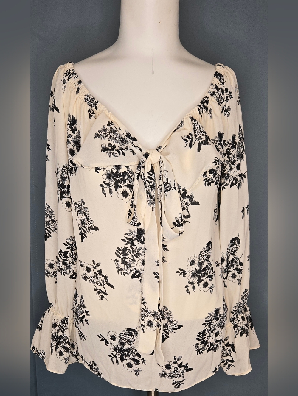 Sami & Jo Black White Botanical Floral Print Tie-Front Peasant Blouse S NWOT